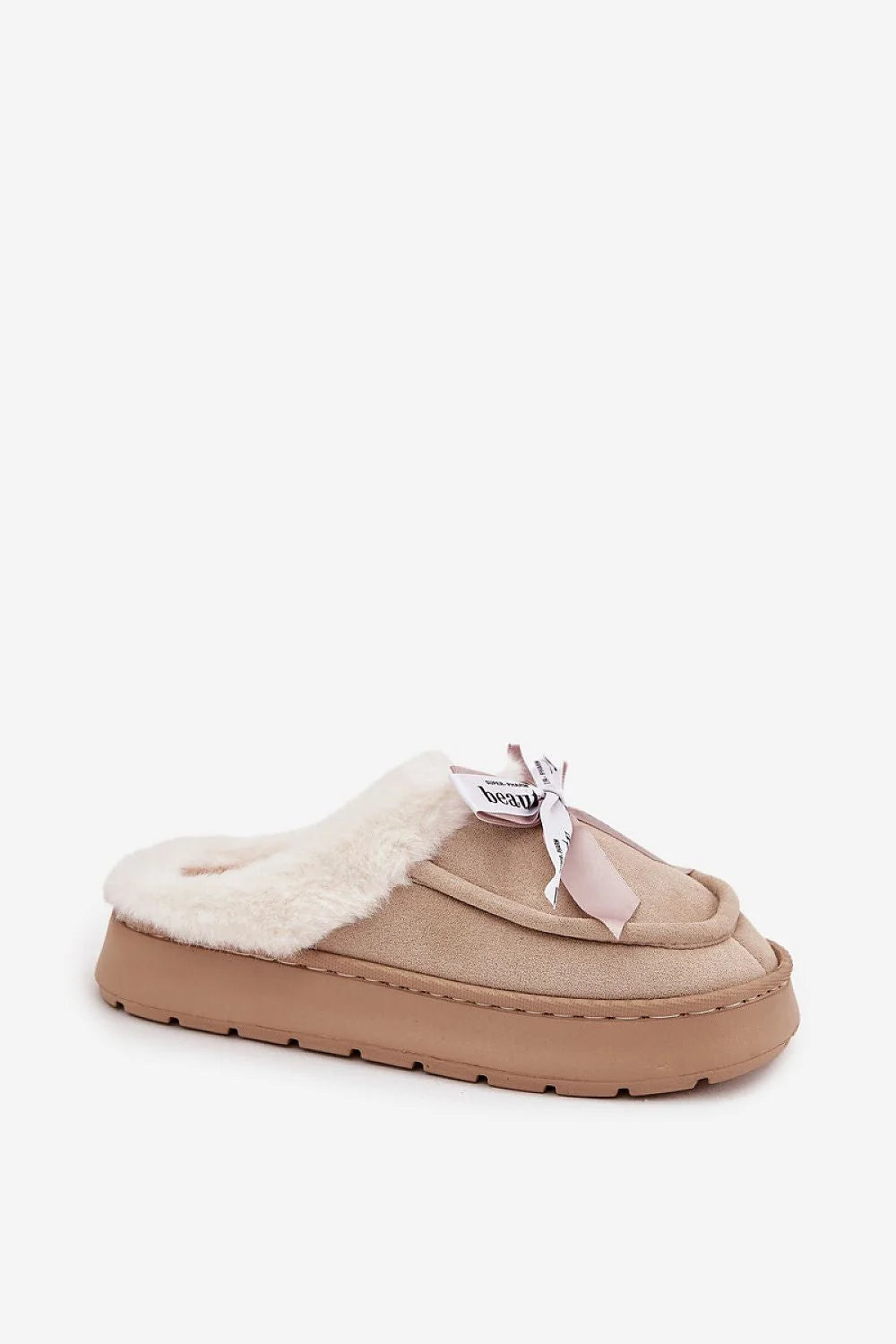 mules fourrées femme suédine écologique beige rond doublure fourrure crème nœud rose imprimé semelle plateforme légère antidérapante rembourrée
