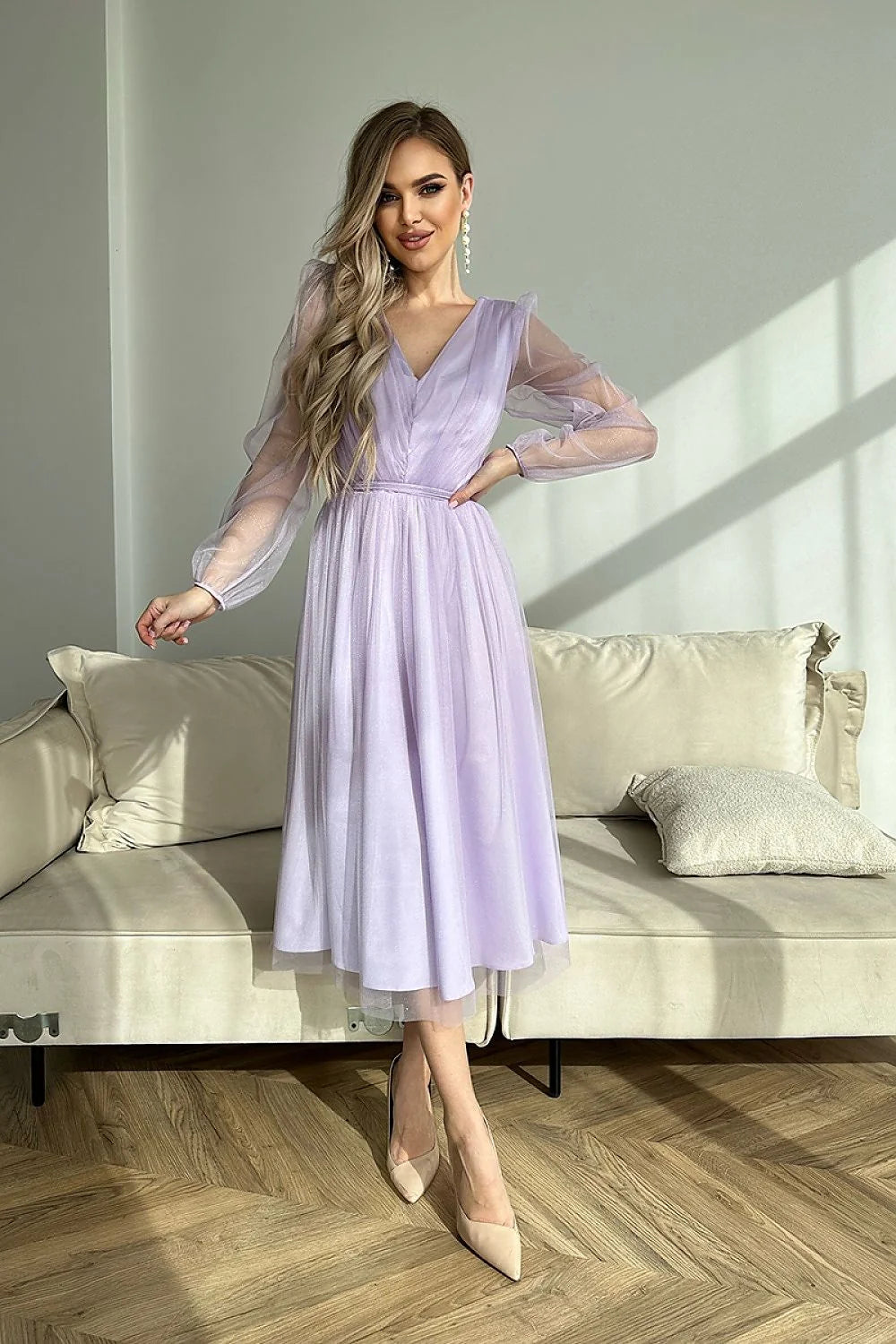 Robe de soirée élégante longueur midi manches longues transparence brocart vert émeraude femmes soirée formelle