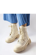 bottines perforées crème femmes robuste mi mollet semelle épaisse crantée adhérence renforcée lacets assortis œillets métalliques pointe arrondie