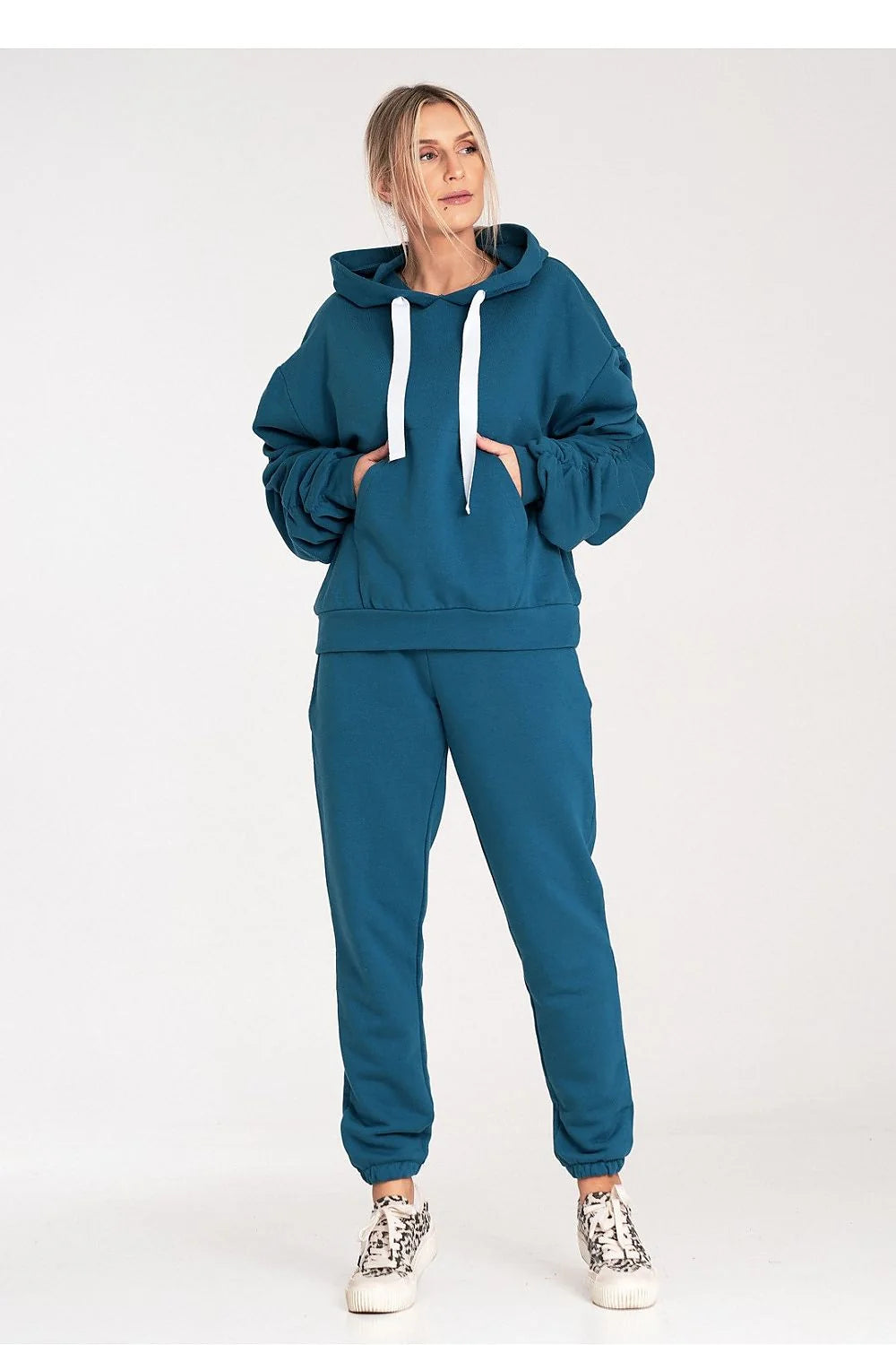 Pantalon survêtement et sweatshirt assortis en coton bleu pétrole femme confort style décontracté