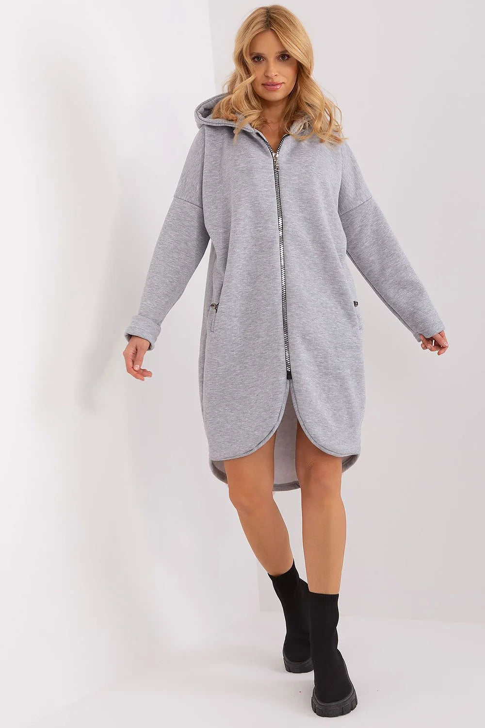 Sweatshirt longue pour femme en coton polyester gris clair capuche fermeture éclair coupe ample style décontracté