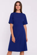 Robe de jour élégante en bleu marine A-ligne manches courtes dos zipé taille ajustable femme