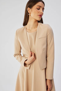 Robe évasée élégante avec veste boléro ton beige clair ajustée manches longues dos nu polyester femme