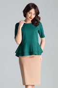 Chemisier à manches courtes vert émeraude double basque jupe beige sable taille ajustable polyester viscose femme