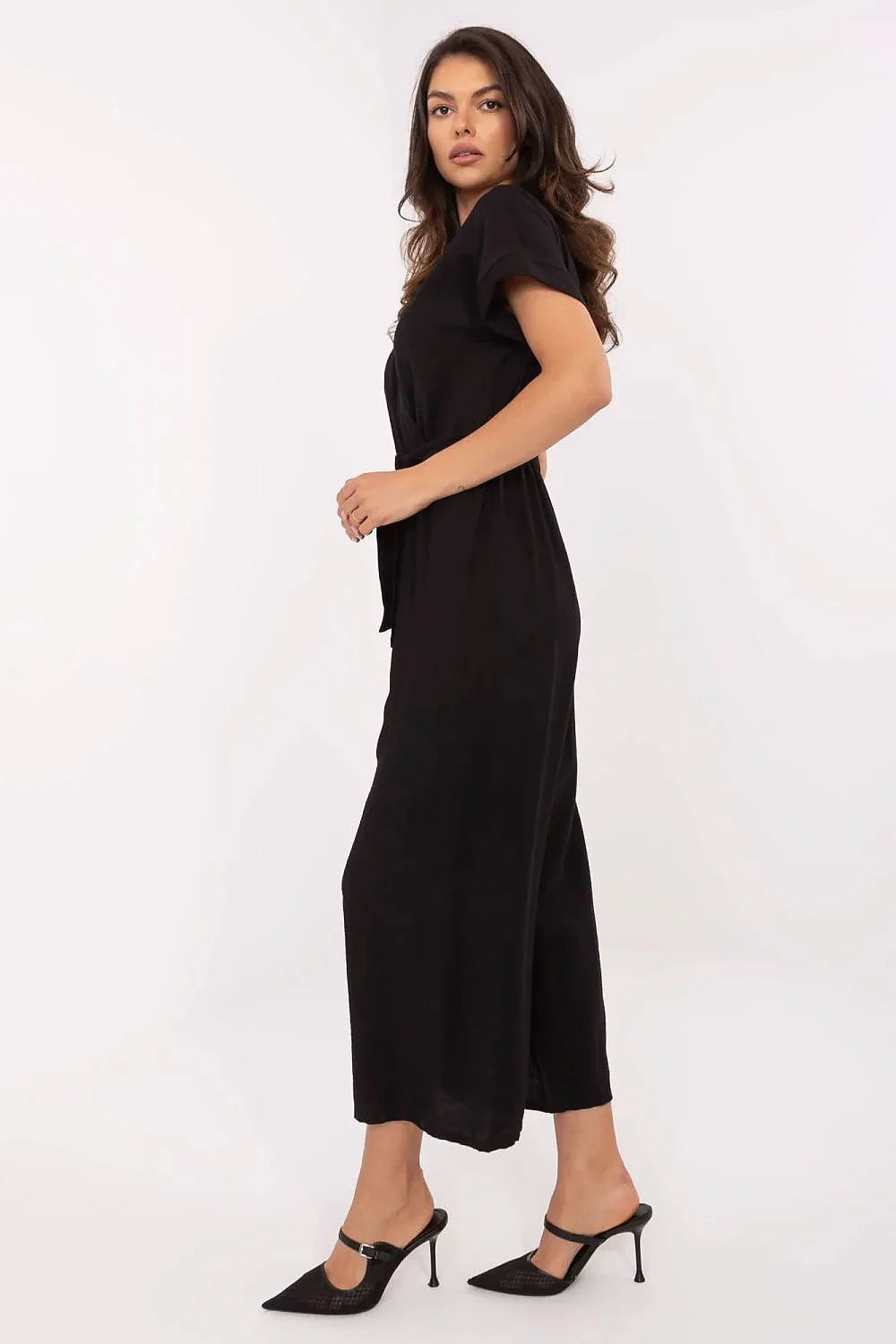 Combinaison Italy Moda élégante confortable manches courtes encolure V ceinture ajustable viscose nylon noire femmes polyvalente occasion