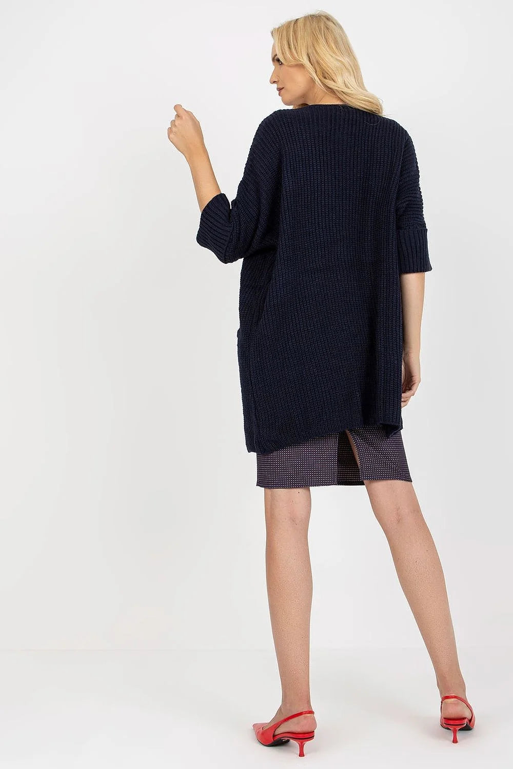 cardigan long femme maille texturée oversize coupe ouverte manches trois quarts retroussées poches plaquées côtelé épais confortable polyvalent automne hiver