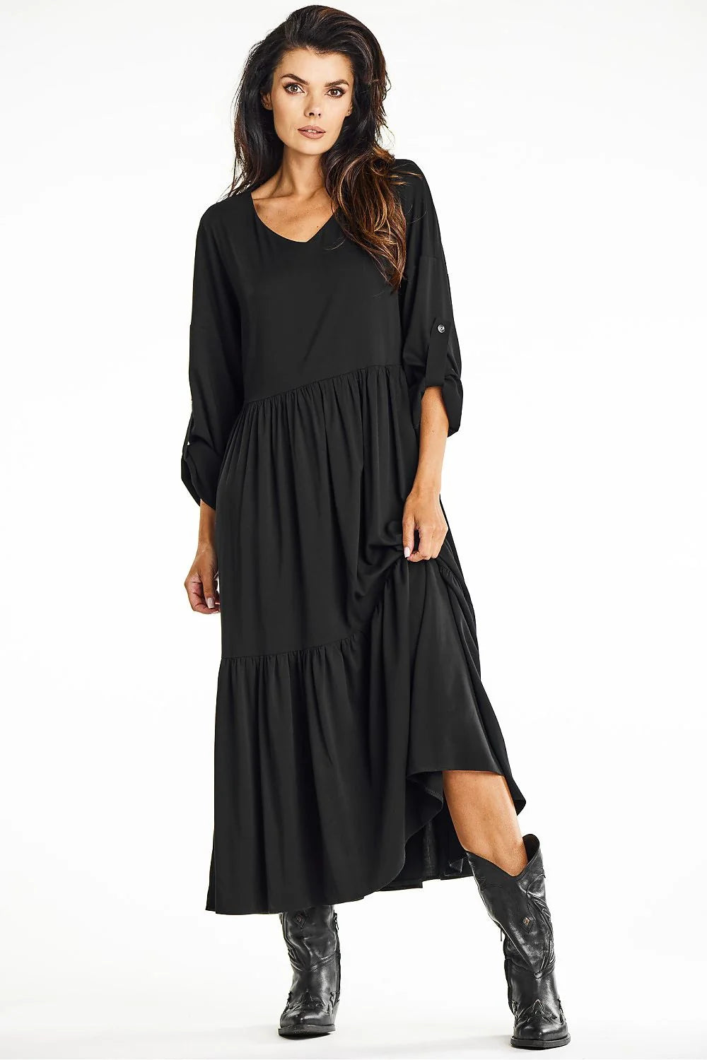 Robe de jour awama longue ample en viscose noire manches longues col V taille haute femme