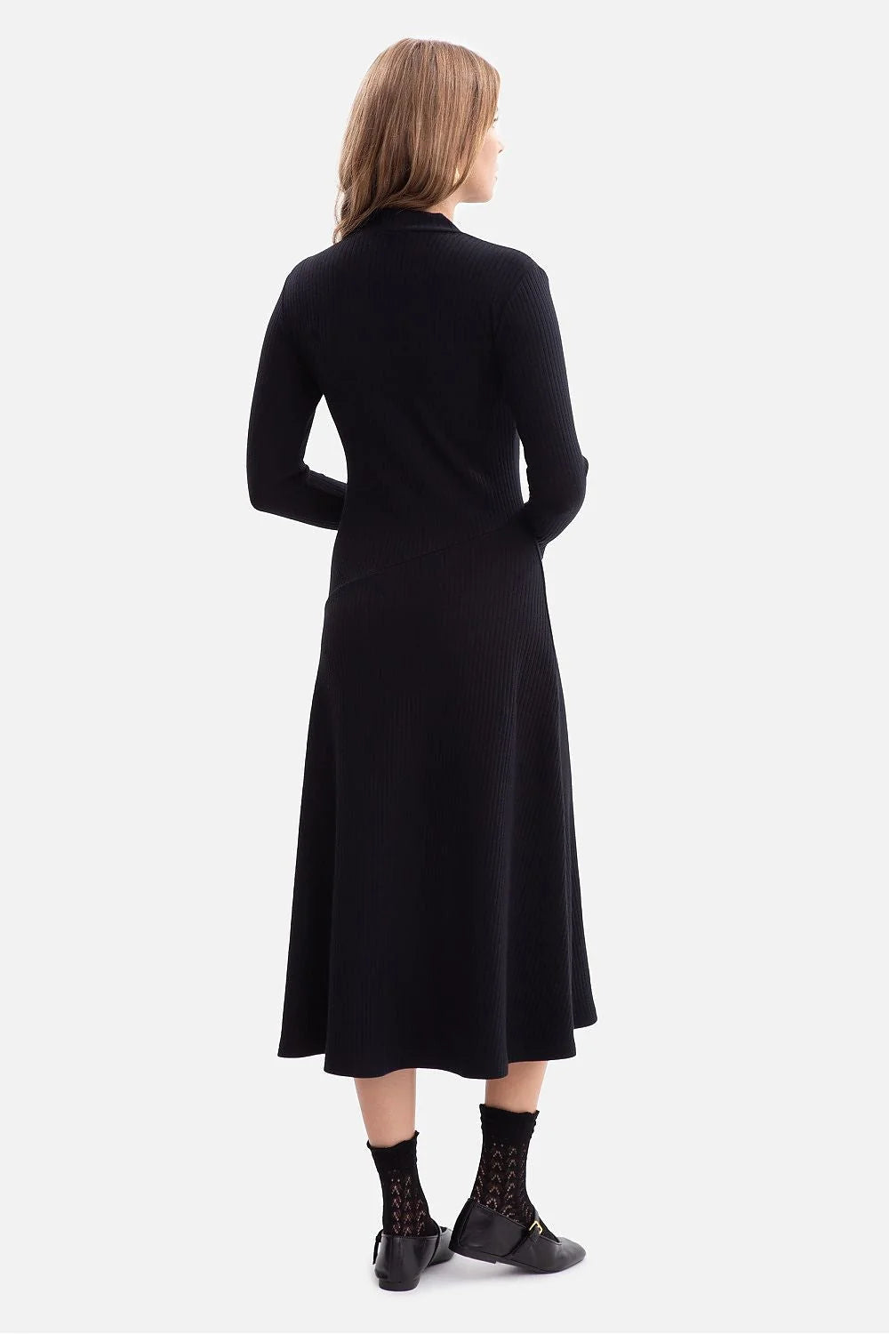 robe midi femme maille côtelée noire col montant manches longues ajustée jupe évasée mi mollet extensible confortable taille marquée sculptante