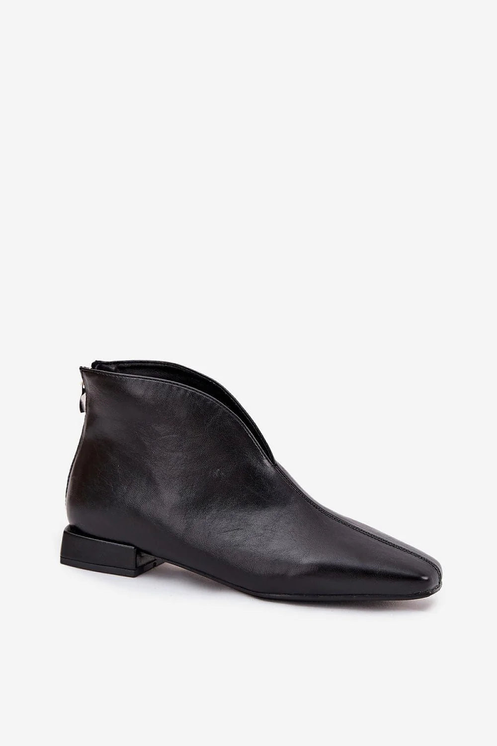 bottines basses femme cuir écologique noir bout pointu silhouette épurée minimaliste talon bloc bas arrière glissière couture centrale cheville élégante