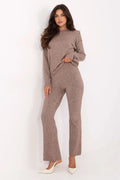 ensemble femme maille pull col rond manches longues pantalon taille haute évasé tricot doux taupe chiné