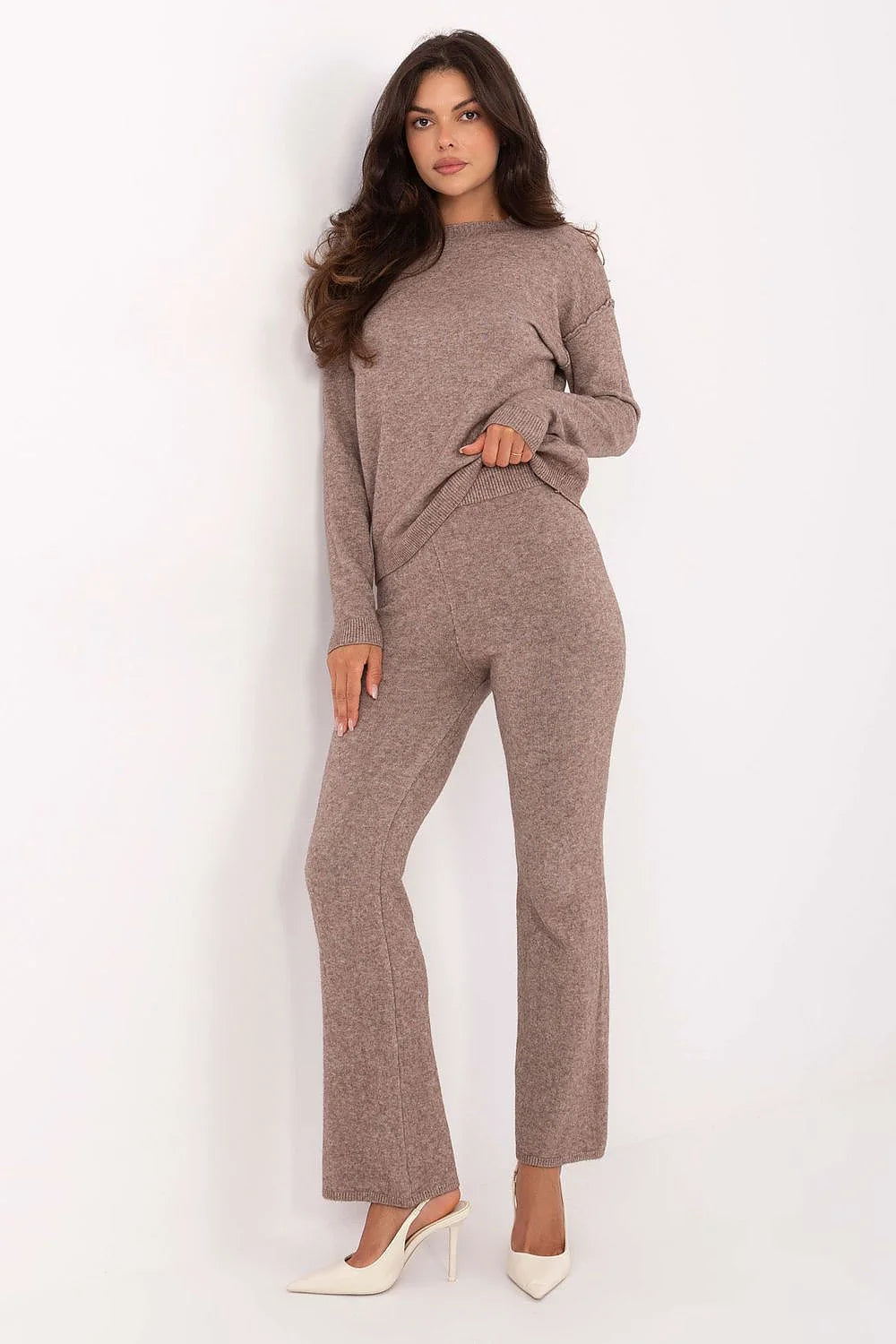 ensemble femme maille pull col rond manches longues pantalon taille haute évasé tricot doux taupe chiné