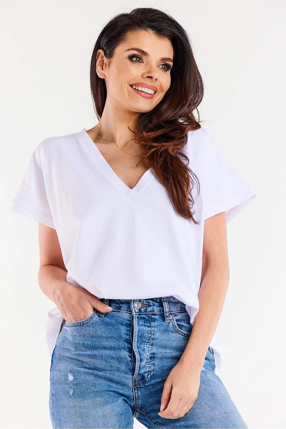 Chemisier femme blanc coton V-neck ample manches courtes minimaliste casual polyvalent mode Pologne confort
