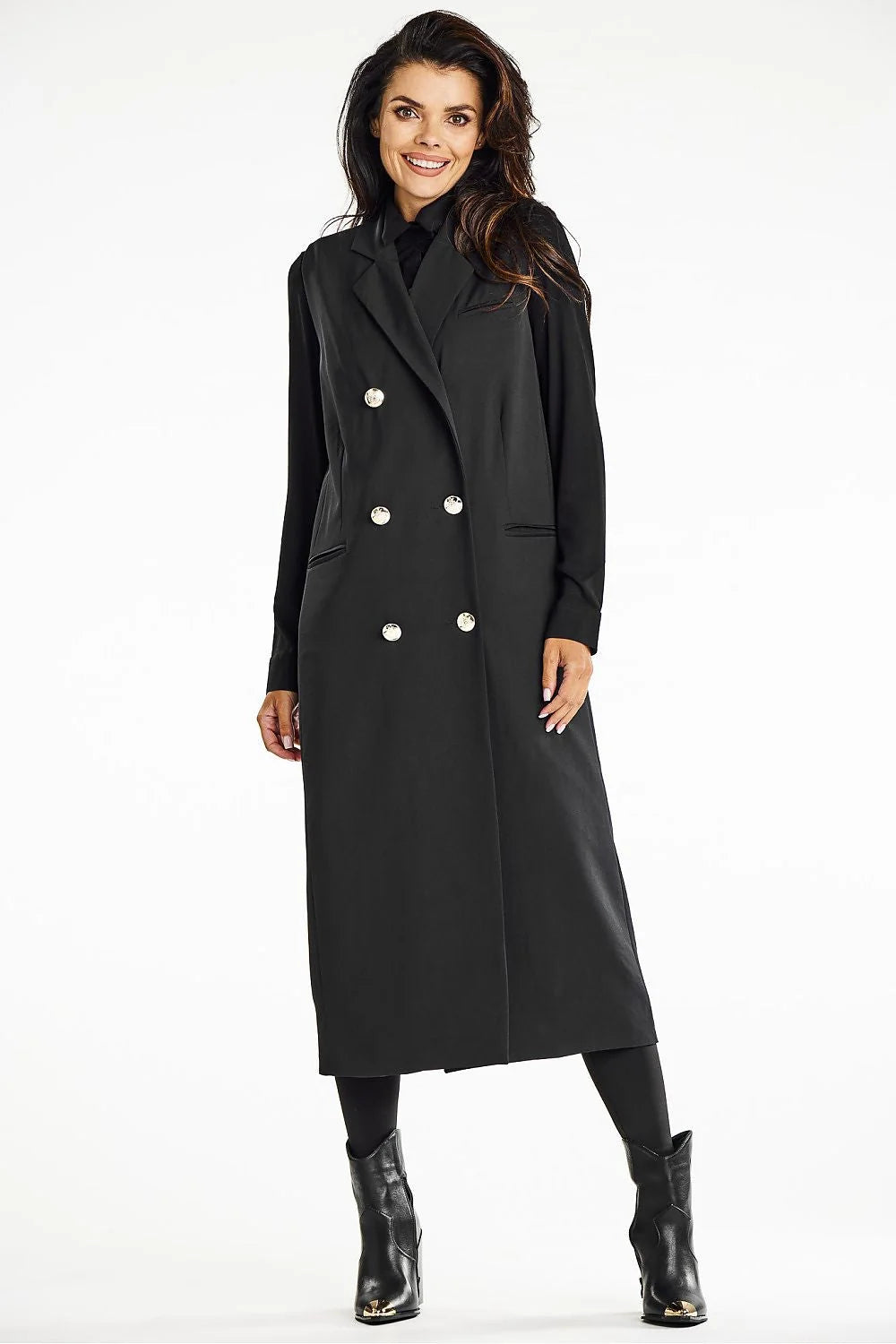 Manteau long pour femme élégant classique double boutonnage laine noire épaules structurées poches latérales
