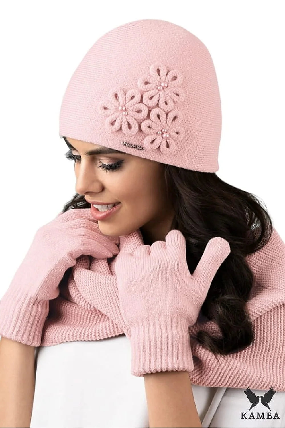 Gants d'hiver pour femmes classiques rose pâle matériau tricoté poignets élastiques ensemble accessoires mode