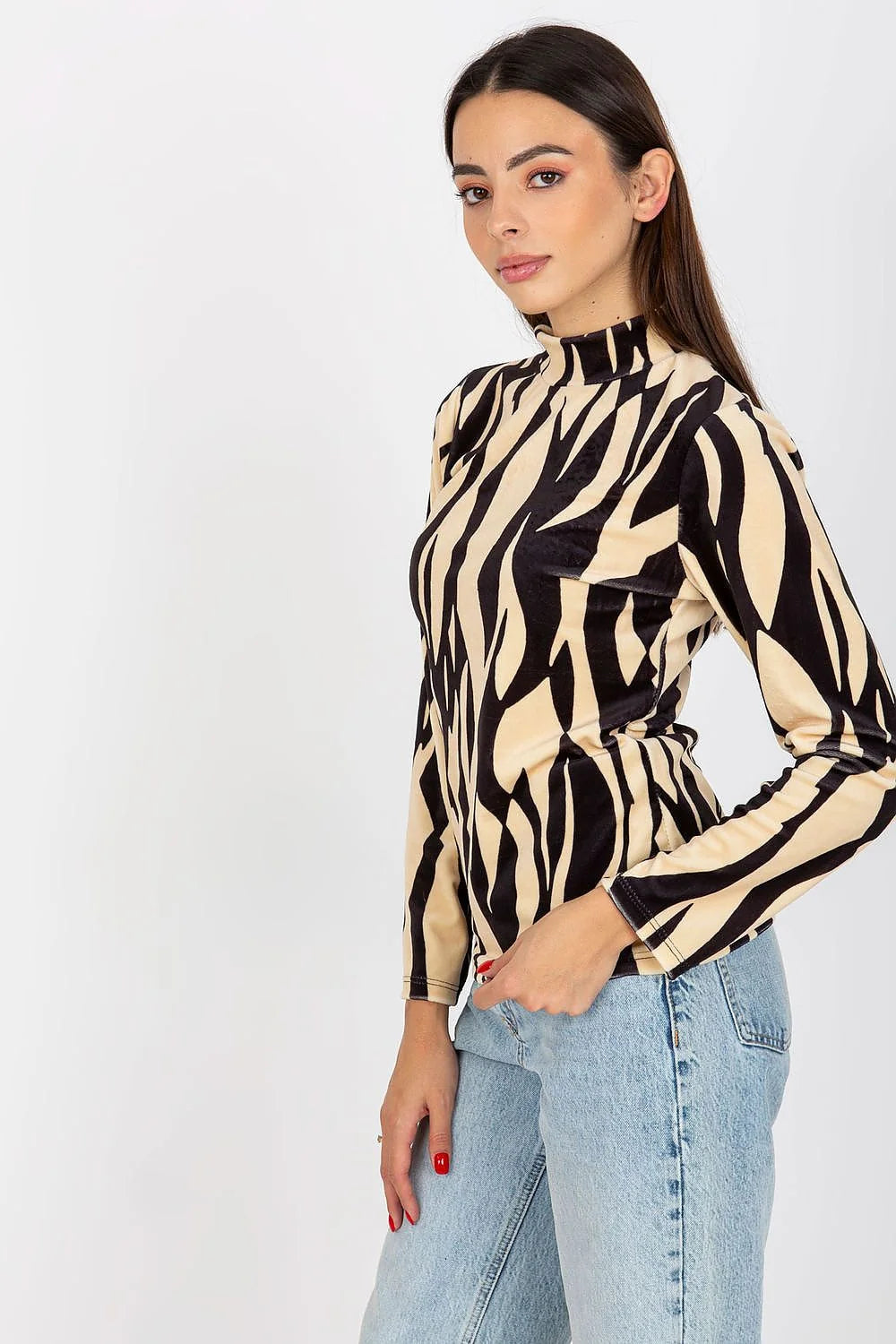 chemisier Rue Paris velours zébré noir beige manches longues col montant coupe ajusté stretch doux confortable