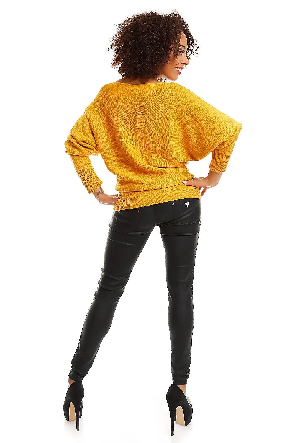 Blouse chauve-souris Pee Ka Boo en acrylique jaune moutarde, coupe ample, manches longues, encolure bateau, occasion casual chic pour femme