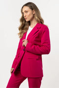 Costume femme élégant moderne blazer pantalon coupe ajustée magenta polyester viscose élasthanne brillant occasions professionnelles