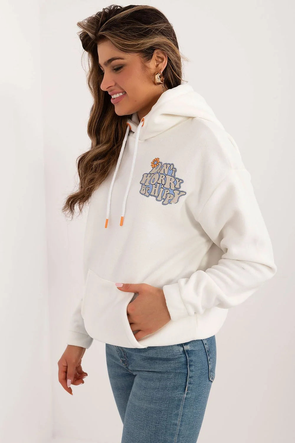 Sweatshirt femme décontracté style moderne design graphique coloré blanche jaune bleu capuche poche kangourou manches longues polyester