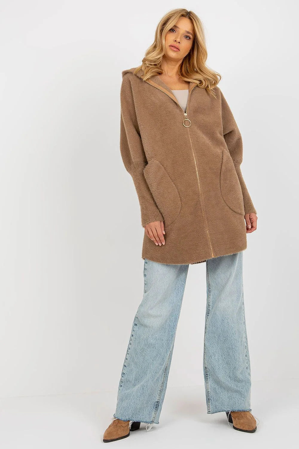 Manteau pour femme ample en laine et viscose couleur beige manches longues capuche fermeture éclair poches grandes