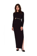 Robe de soirée Makover longue élégante noire détails dorés manches longues taille ajustée fente haute occasion spéciale femme