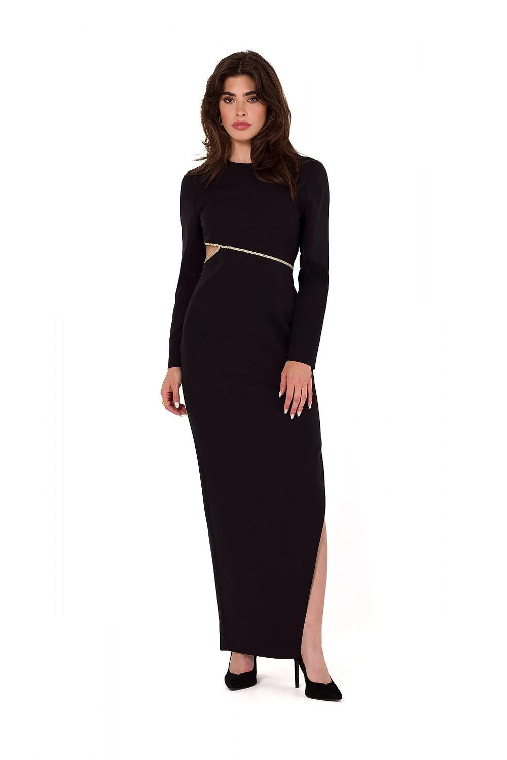 Robe de soirée Makover longue élégante noire détails dorés manches longues taille ajustée fente haute occasion spéciale femme