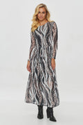 Robe féminine longue Makadamia motif abstrait tissu léger manches longues encolure ronde taille cintrée occasion polyvalente