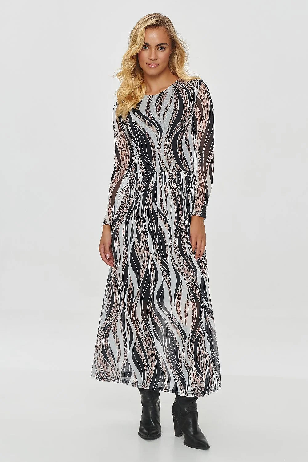 Robe féminine longue Makadamia motif abstrait tissu léger manches longues encolure ronde taille cintrée occasion polyvalente