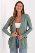 cardigan gilet femme ouvert tricot fin vert chiné manches longues poches plaquées bordscotes ourlet coupe droite longueur hanche maille douce