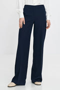 Pantalon élégant pour femme large longueur totale couleur bleu marine coupe régulière taille haute bouton et fermeture éclair passants de ceinture