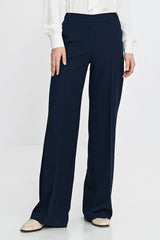 Pantalon élégant pour femme large longueur totale couleur bleu marine coupe régulière taille haute bouton et fermeture éclair passants de ceinture