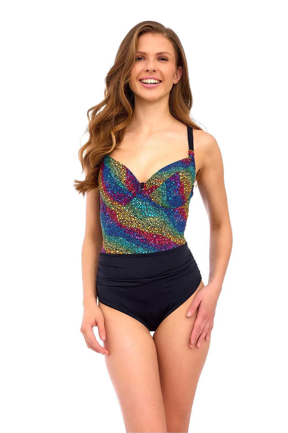 Maillot de bain une pièce Lupo Line 2025, motifs multicolores, lycra noir, bretelles ajustables, dos à boucle, plage piscine, femmes, mode été, tailles variées, confort optimal