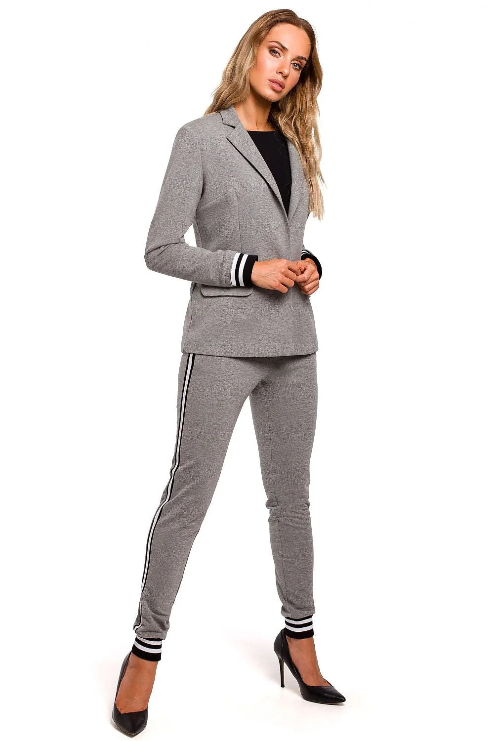 Blazer femme tissu camel moderne élégant manches rayées chic décontracté coupe ajustée mode tendance