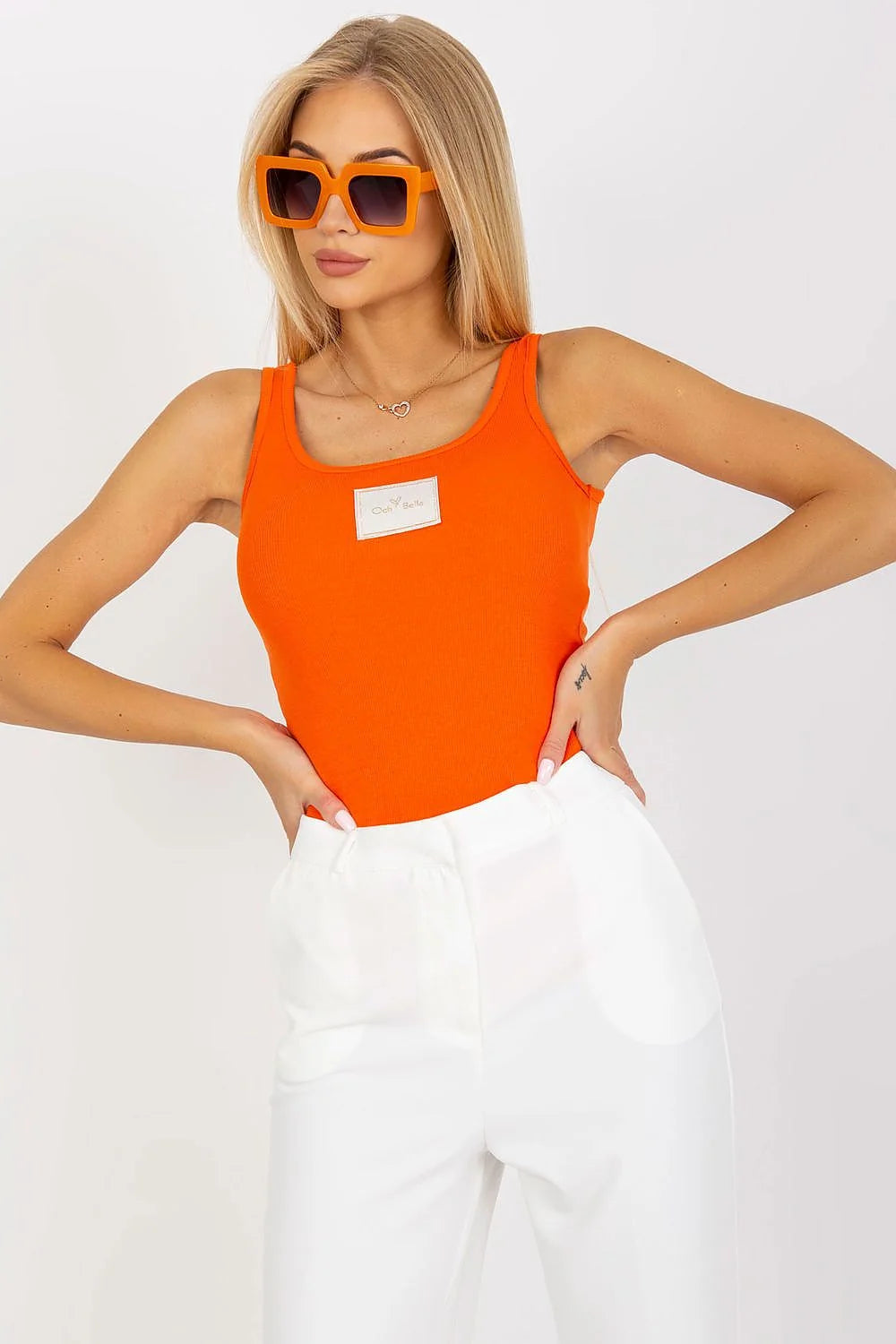 Ensemble mode femme haut crop top côtelé logo pantalon haute taille droite orange blanc