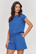 Ensemble Femme Casual Été Respirant Tunique Courte Short Taille Haute Élastique Matériau Coton Mélange Bleu Azur Style Moderne Confort Élégance Occasion Journée Relaxe