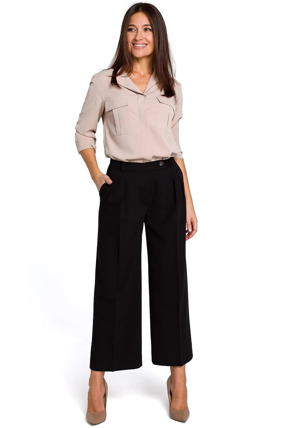 Pantalon femme Stylove élégant ample noir matières confortables taille haute boutons fermeture éclair hanches larges style intemporel occasion professionnelle décontractée
