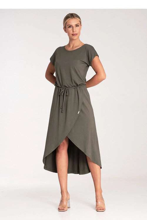 robe asymétrique midi kaki olive jersey doux manches courtes encolure ronde taille coulissée ajustable pan croisé ourlet haut bas fluide