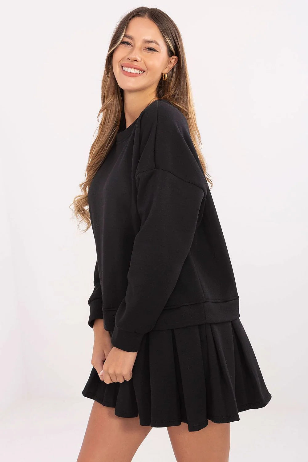 robe molleton femme coton stretch col rond manches longues coupe évasée mini plissée doublure confortable extensible pratique polyvalente