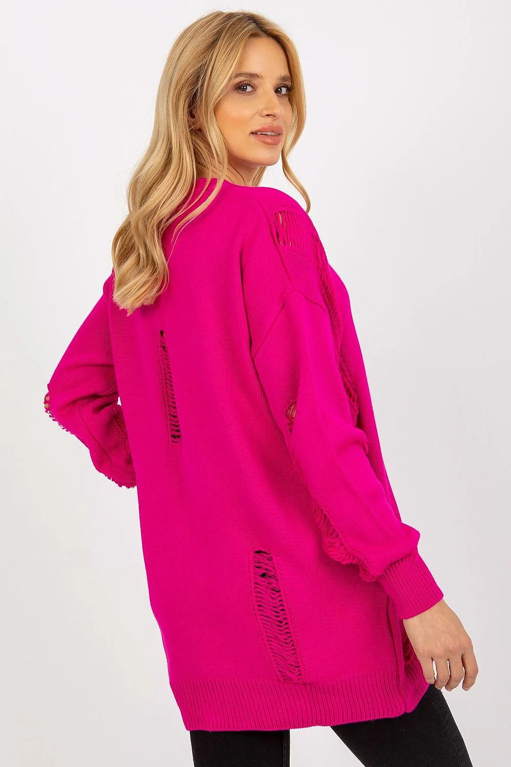 Cardigan pour femme modern design casual couleur fuchsia V-neck maille laine acrylique longueur généreuse boutons assortis poches effilées