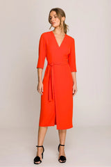 robe midi portefeuille ceinturée crêpe rouge vif décolleté V profond manches troisquarts fente centrale coupe droite ajustée taille nouée élégante