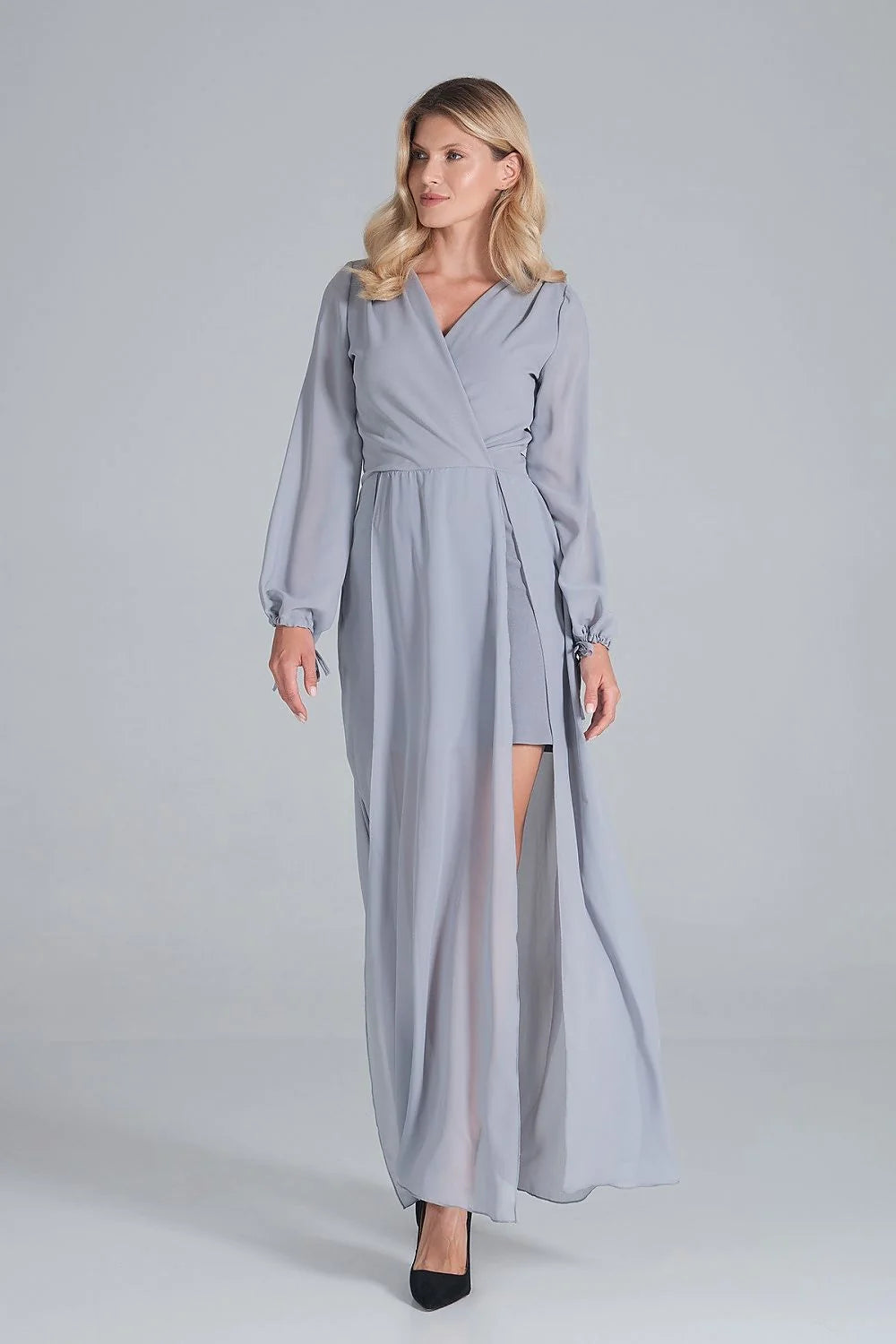 Robe longue grise élégante en mousseline avec manches longues fente moderne pour femmes chic