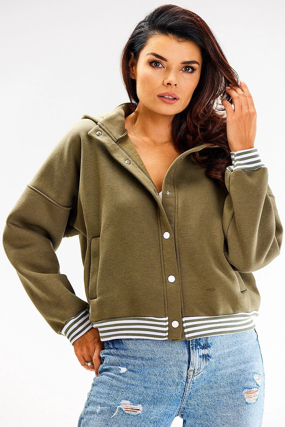 sweatshirt femme bomber capuche kaki oversize court molleton coton élasthanne bords côtelés rayures blanches boutons pression poches zippées manches tombantes