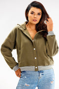 sweatshirt femme bomber capuche kaki oversize court molleton coton élasthanne bords côtelés rayures blanches boutons pression poches zippées manches tombantes