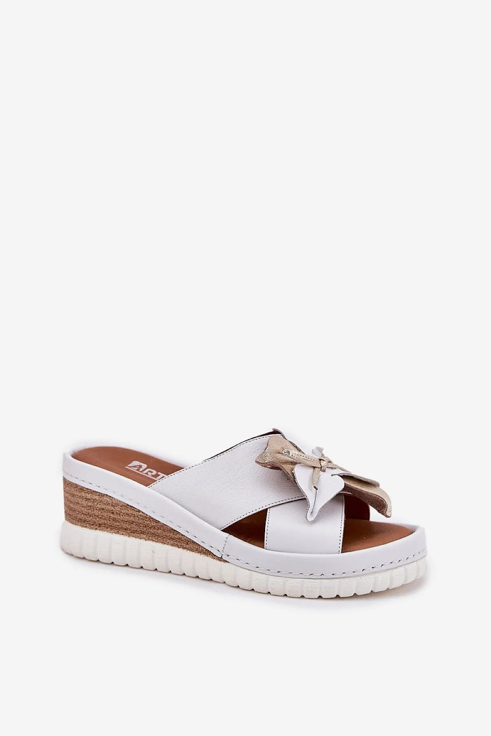 Mules femmes style floral blanc doré cuir naturel 7 cm talon compensé été décontracté élégant
