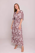 Robe de jour élégante longue en viscose motif floral col en V manches courtes amples ceinture silhouette cintrée femme