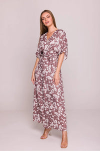 Robe de jour élégante longue en viscose motif floral col en V manches courtes amples ceinture silhouette cintrée femme