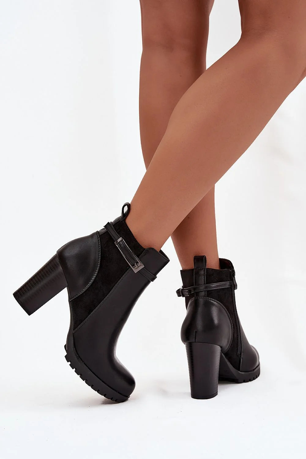 bottines femme cheville simili cuir noir effet lisse suédine talon pilier haut stable semelle crantée antidérapante fermeture zippée bride boucle