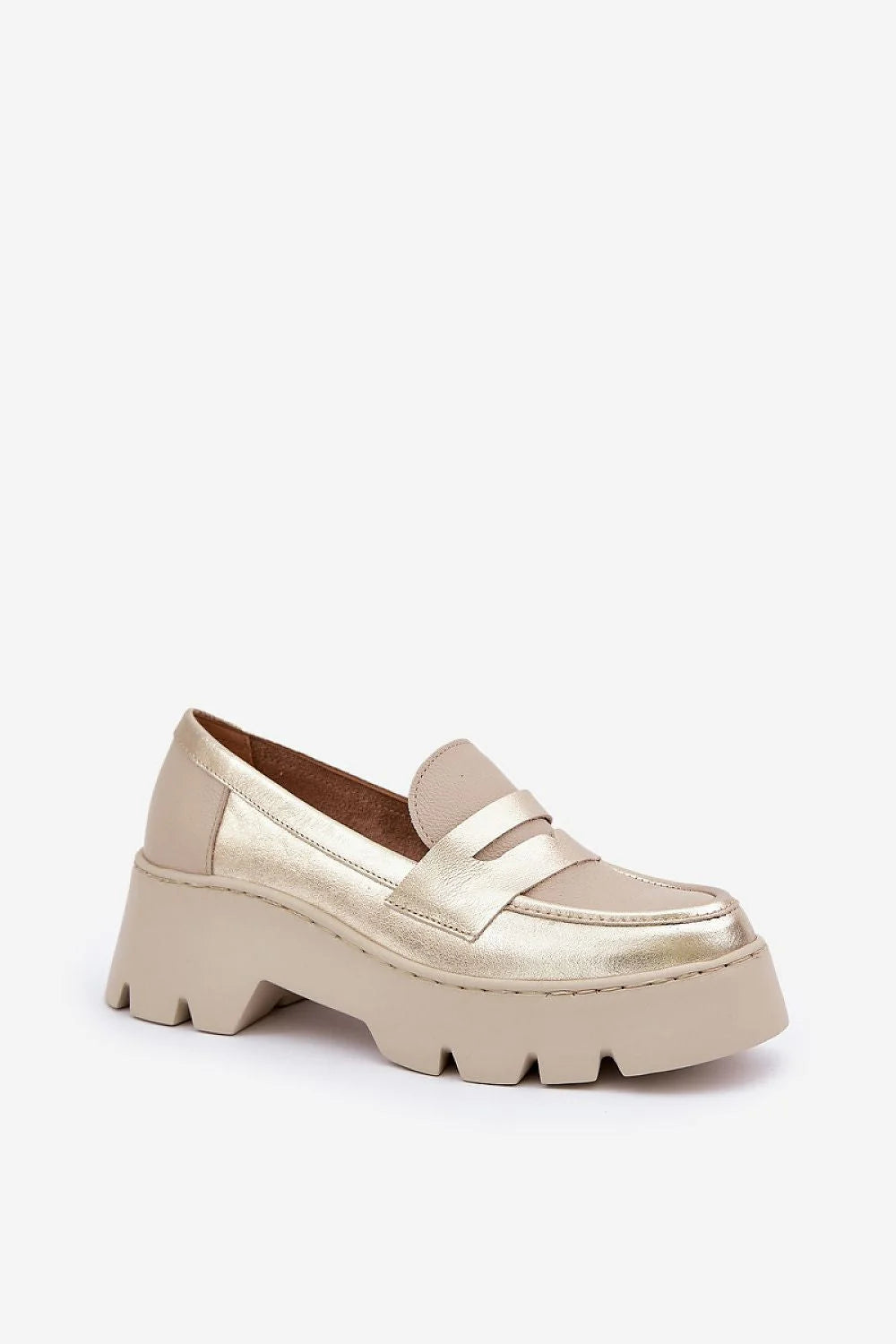 Moccasins plates-forme dorées pour femmes, cuir synthétique, design moderne, style casual-chic, bande large, coutures visibles, confort全日