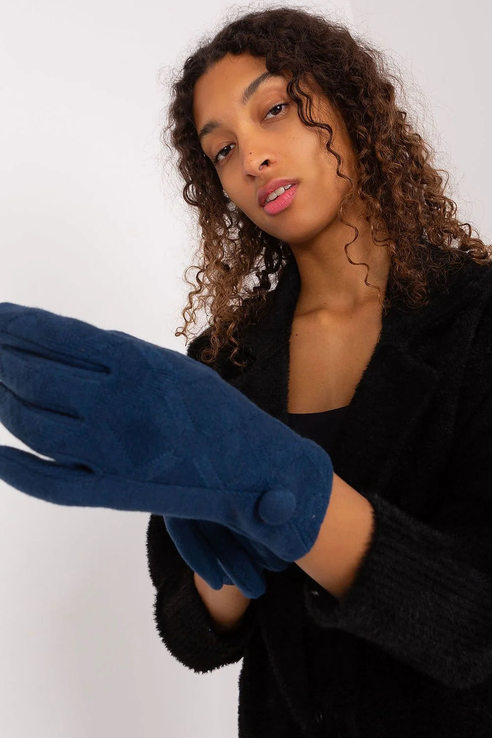 Gants élégants pour femme en tissu isolé bleu foncé motif géométrique boutons décoratifs fleur brodée index téléphone sans enlever coton 60% elasthanne 5% polyester 35% occasions quotidiennes formelles