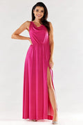 robe longue fuchsia drapée décolleté bénitier bretelles fines fente haute latérale taille élastique stretch scintillant fluide soyeuse cintrée glamour cérémonie