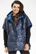 Veste poncho matelassé sans manches pour femmes, style moderne, design losanges, capuche, fermeture pressions, polyester résistant, idéal pour quotidien et voyage